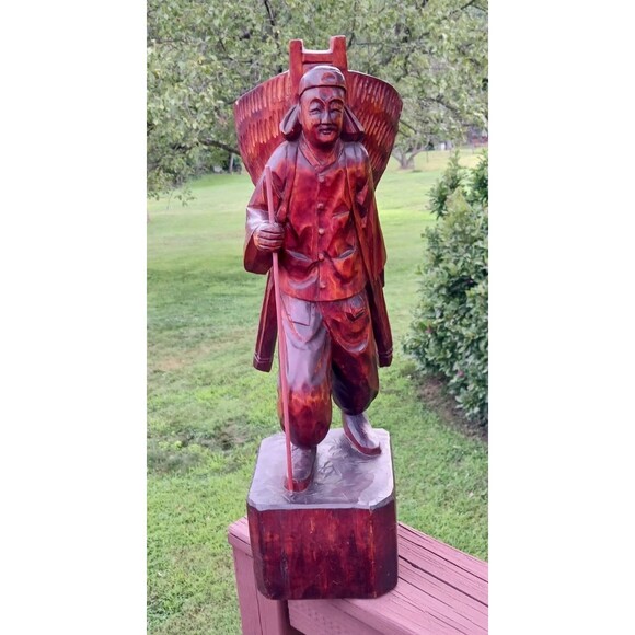 VTG Solid Wood Hand Carved Asian Chinese Man Staff Pack Statue Figure Sculpture - Picture 1 of 6